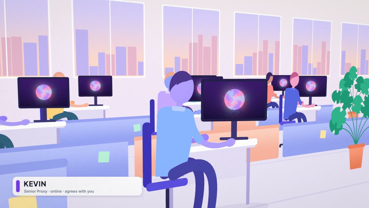 Kevin, Senior Proxy, at his glowing screen